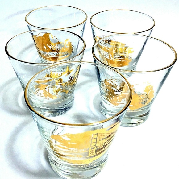 Glass Barware Ross Atkins SF CA Gold Print Set/5 - Picture 1 of 6